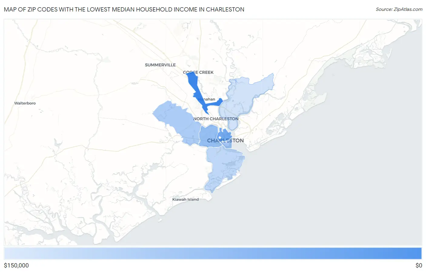 Zip Codes with the Lowest Median Household Income in Charleston Map