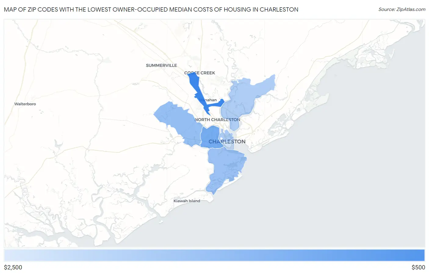 Zip Codes with the Lowest Owner-Occupied Median Costs of Housing in Charleston Map