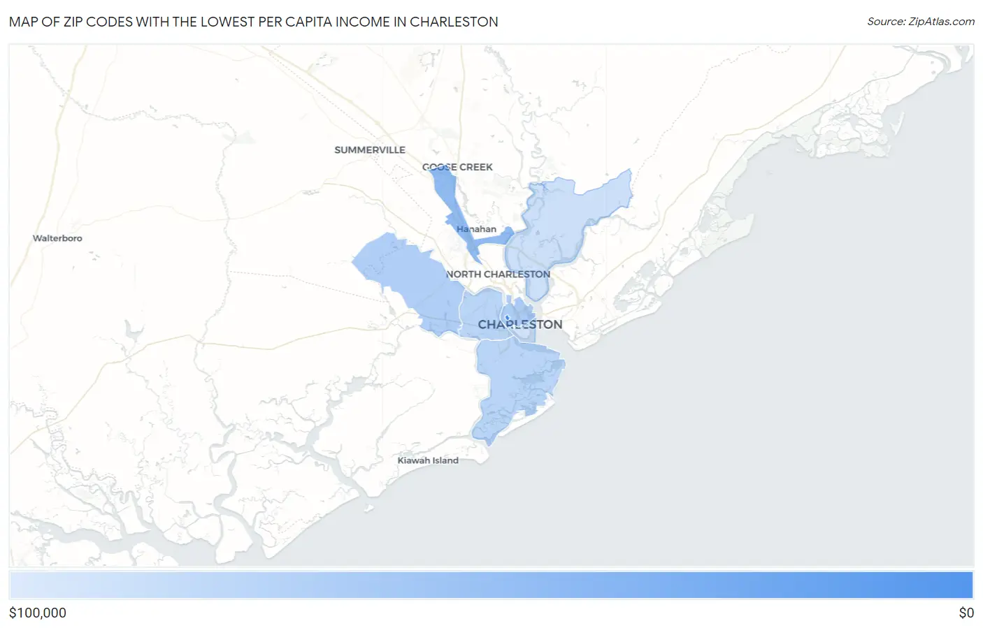 Zip Codes with the Lowest Per Capita Income in Charleston Map