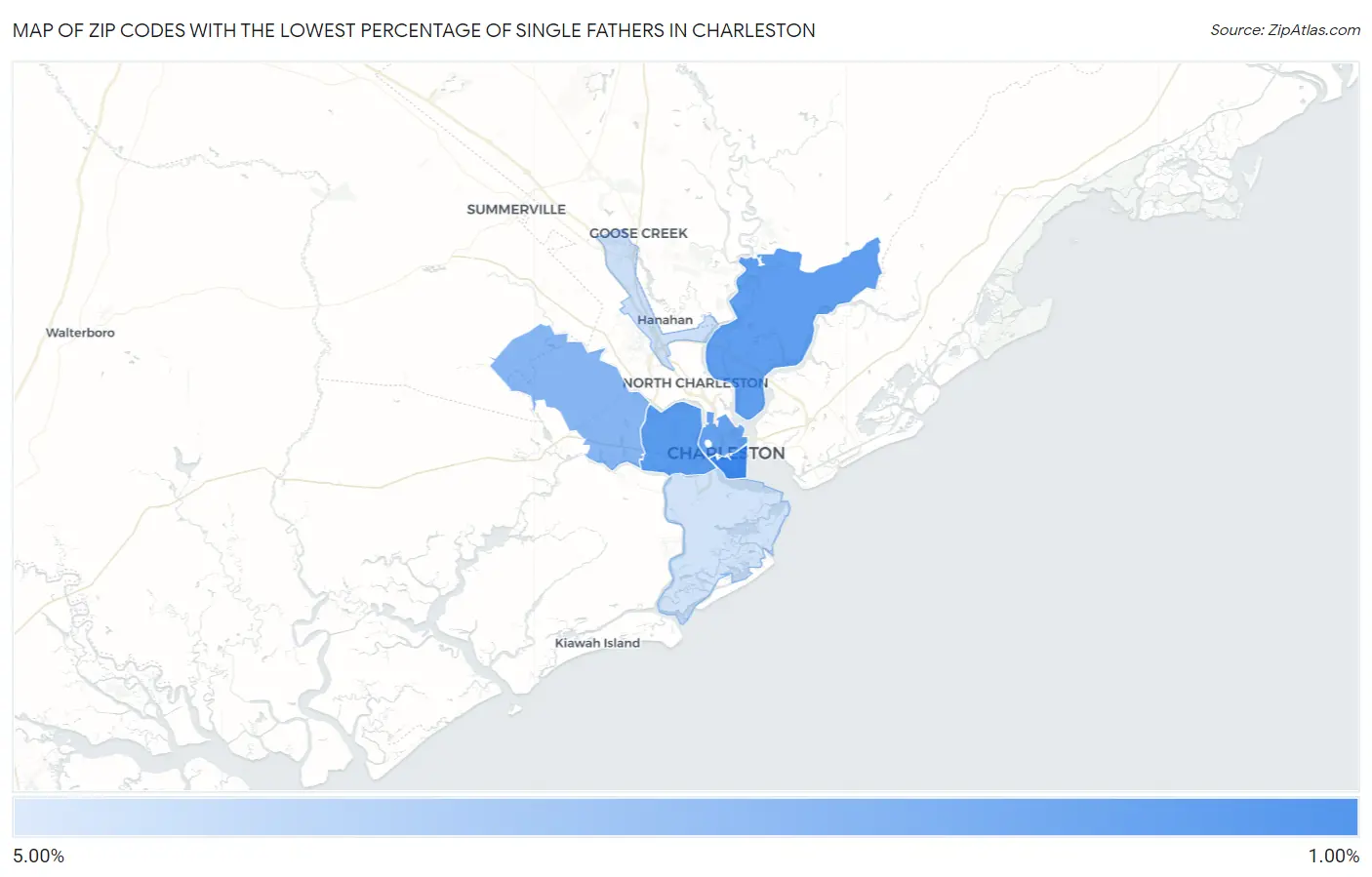 Zip Codes with the Lowest Percentage of Single Fathers in Charleston Map