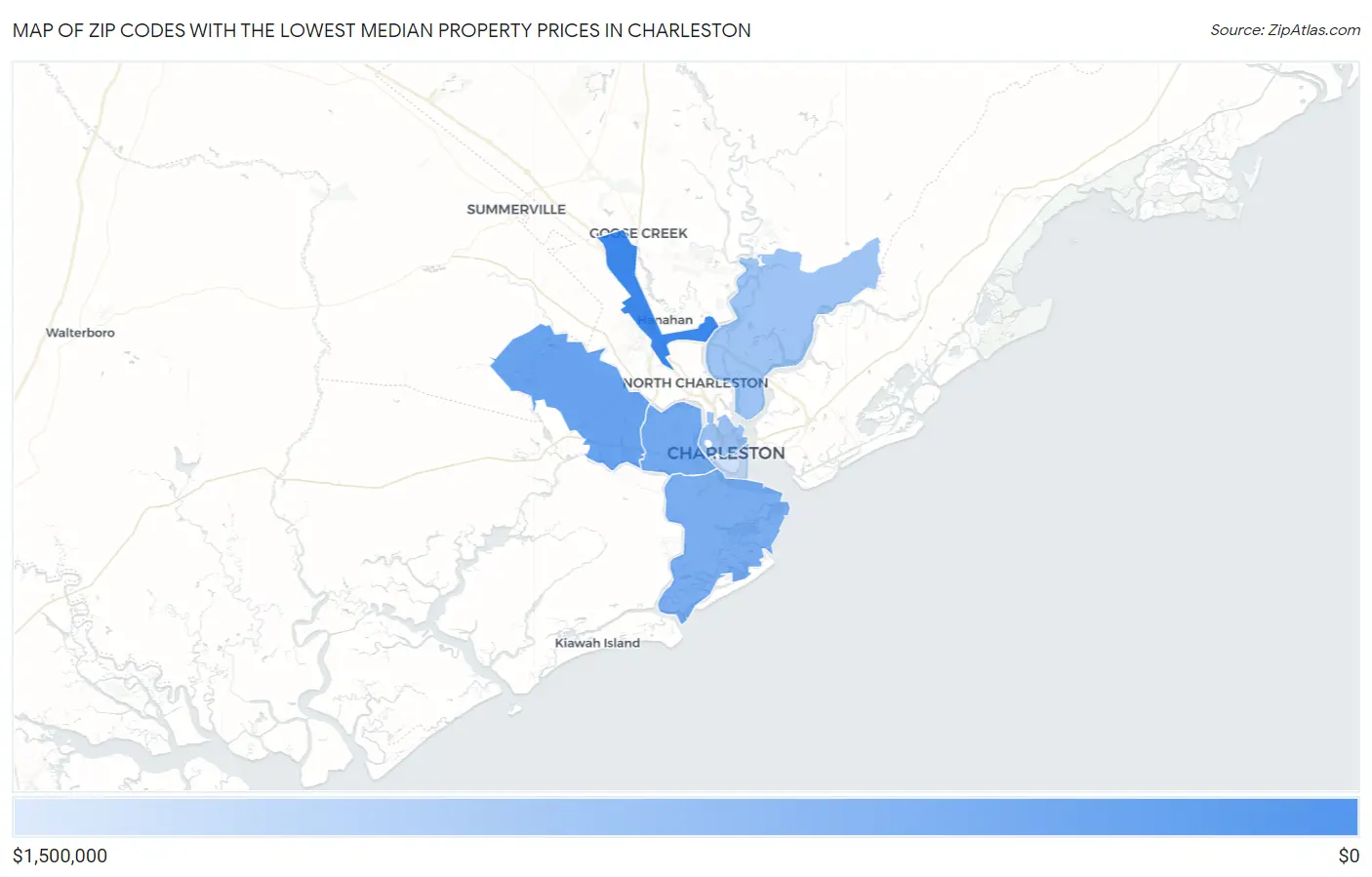 Zip Codes with the Lowest Median Property Prices in Charleston Map