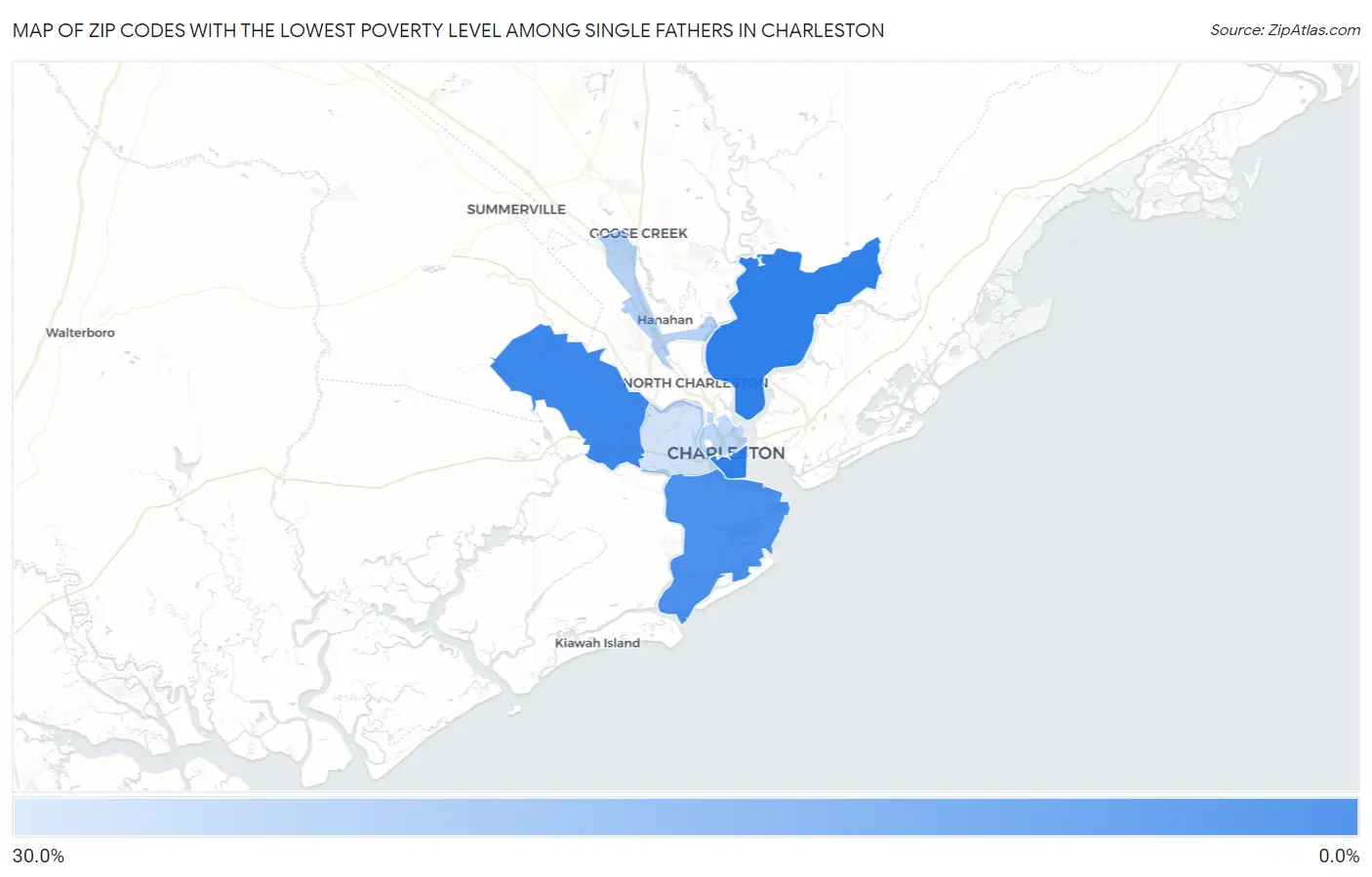 Zip Codes with the Lowest Poverty Level Among Single Fathers in Charleston Map