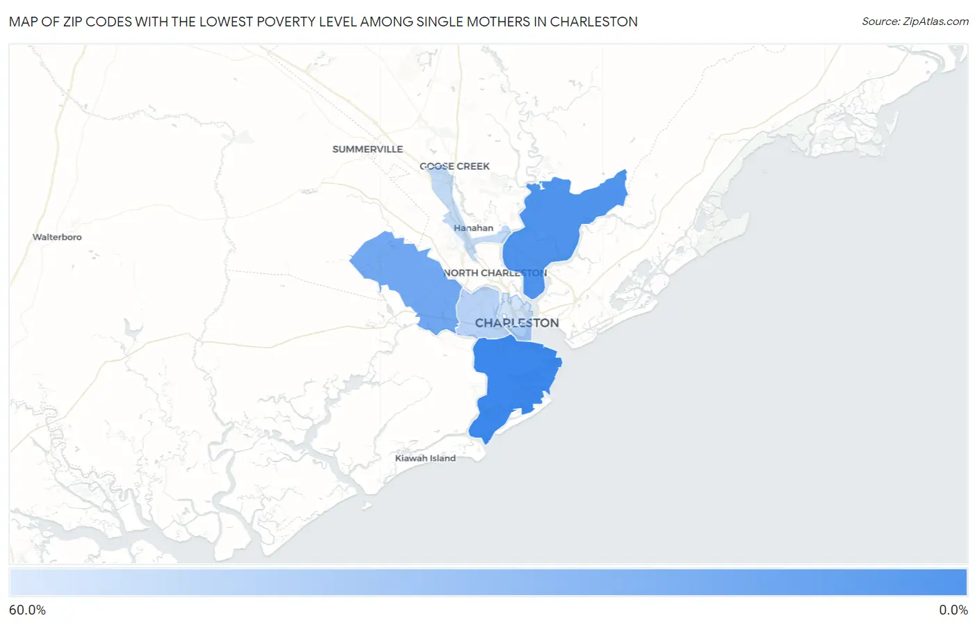Zip Codes with the Lowest Poverty Level Among Single Mothers in Charleston Map