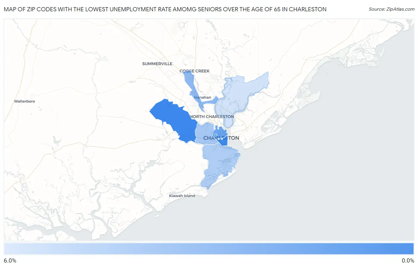 Zip Codes with the Lowest Unemployment Rate Amomg Seniors Over the Age of 65 in Charleston Map