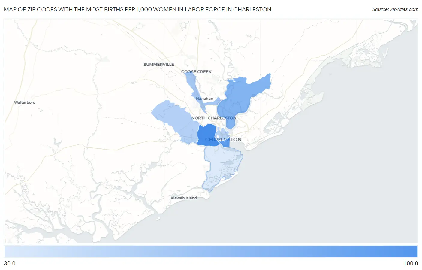 Zip Codes with the Most Births per 1,000 Women in Labor Force in Charleston Map