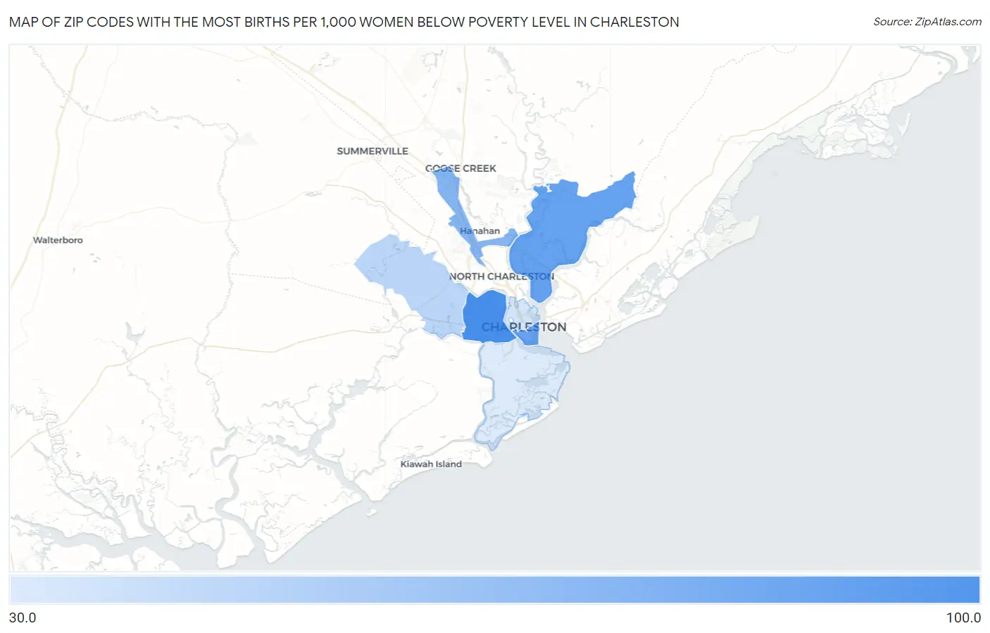Zip Codes with the Most Births per 1,000 Women Below Poverty Level in Charleston Map