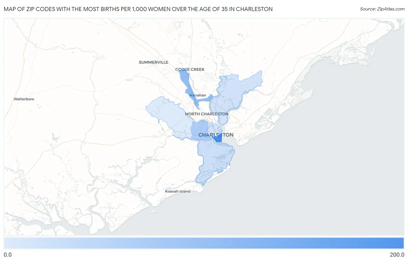 Zip Codes with the Most Births per 1,000 Women Over the Age of 35 in Charleston Map