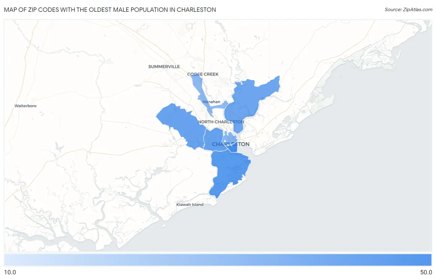 Zip Codes with the Oldest Male Population in Charleston Map