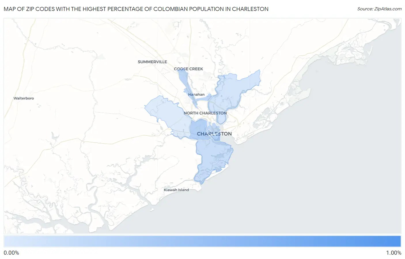 Zip Codes with the Highest Percentage of Colombian Population in Charleston Map
