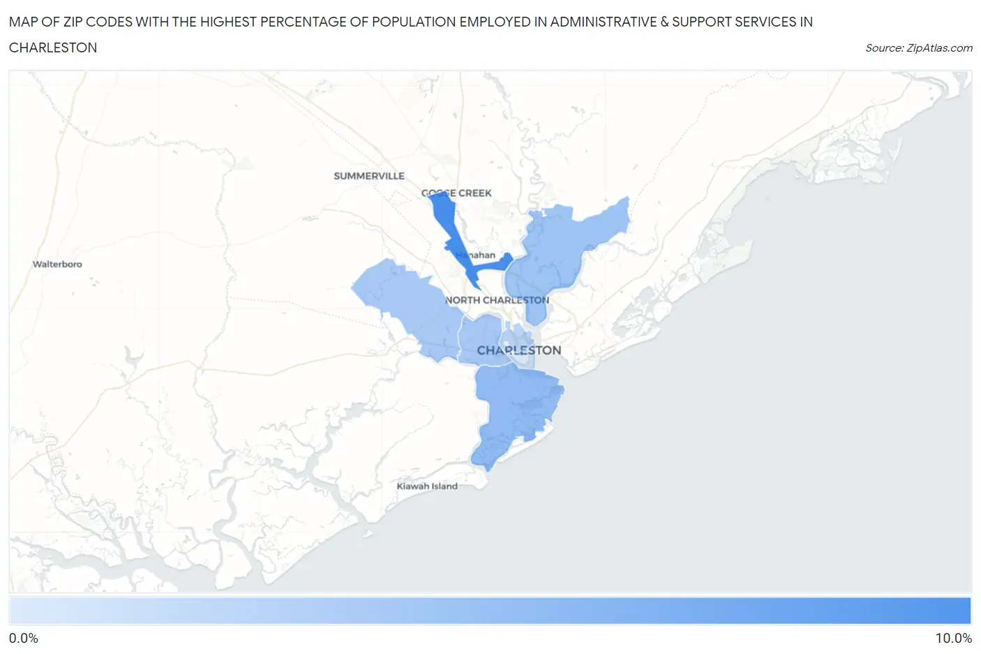 Zip Codes with the Highest Percentage of Population Employed in Administrative & Support Services in Charleston Map