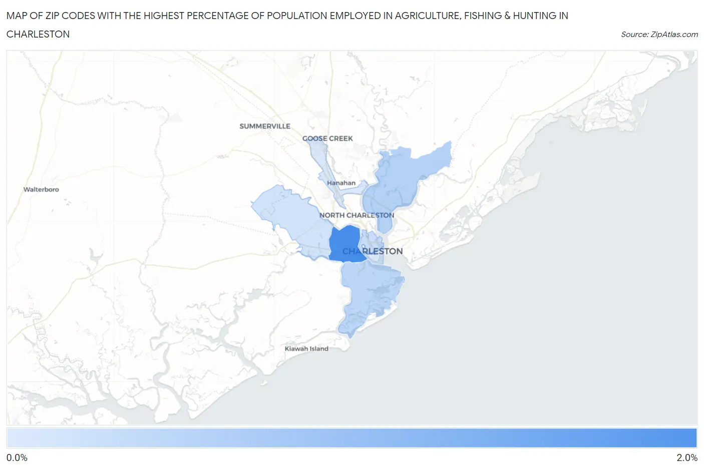 Zip Codes with the Highest Percentage of Population Employed in Agriculture, Fishing & Hunting in Charleston Map