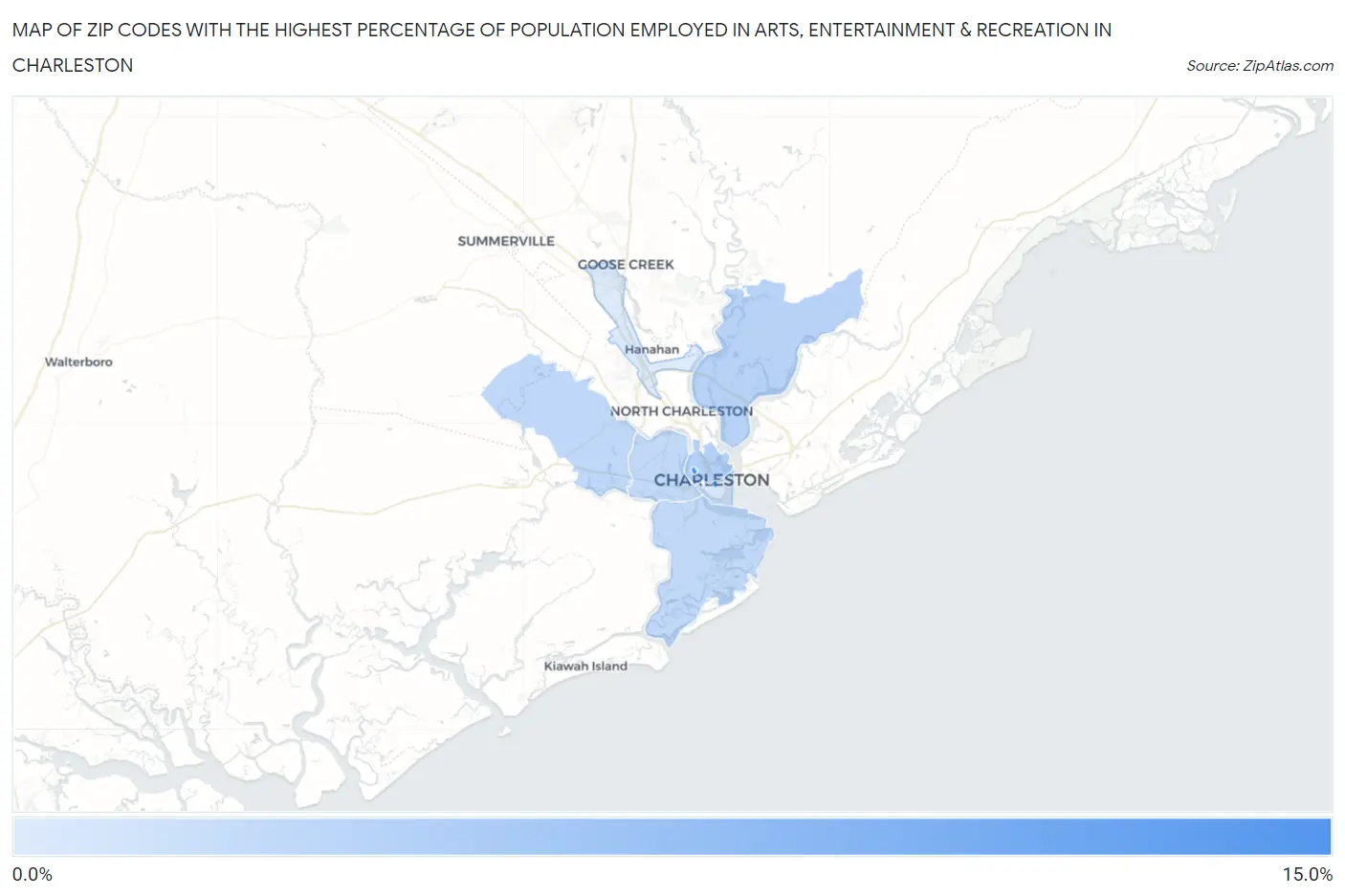 Zip Codes with the Highest Percentage of Population Employed in Arts, Entertainment & Recreation in Charleston Map