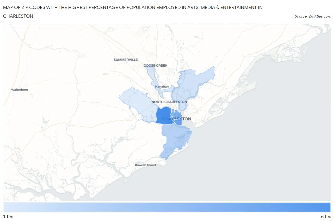 Zip Codes with the Highest Percentage of Population Employed in Arts, Media & Entertainment in Charleston Map