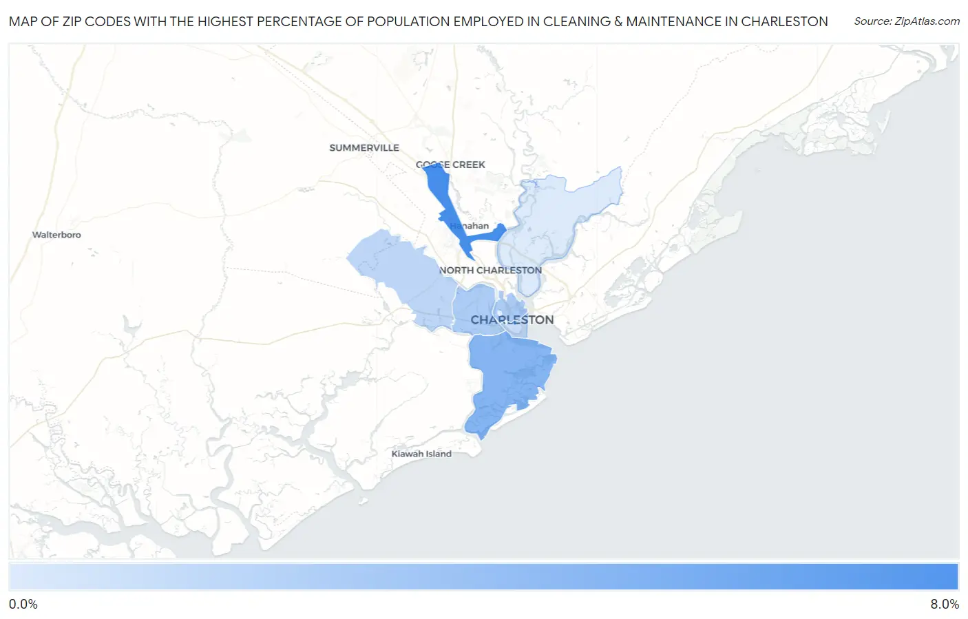 Zip Codes with the Highest Percentage of Population Employed in Cleaning & Maintenance in Charleston Map