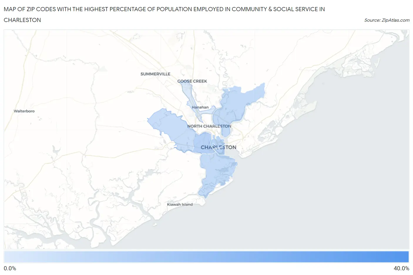 Zip Codes with the Highest Percentage of Population Employed in Community & Social Service  in Charleston Map
