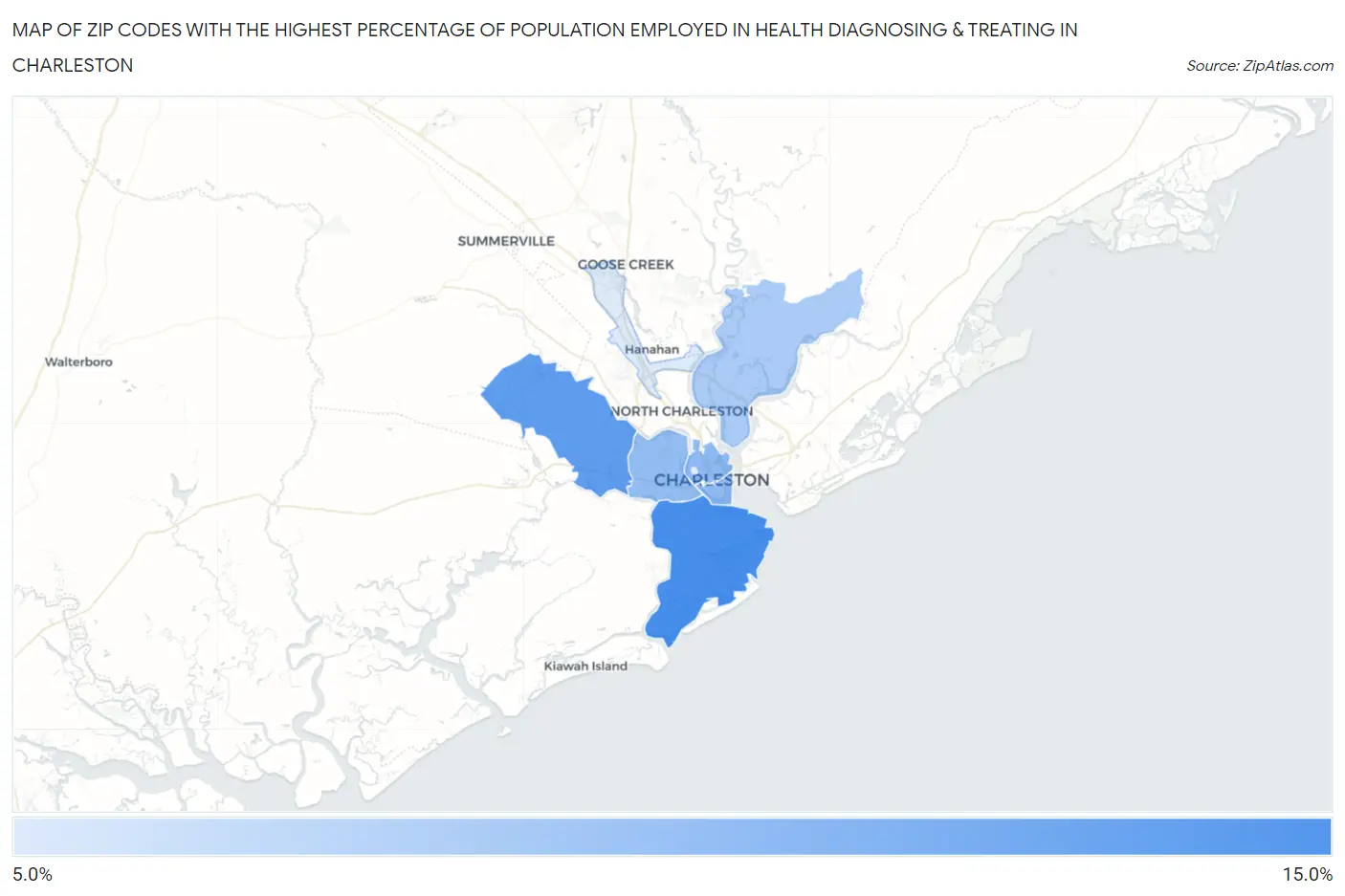 Zip Codes with the Highest Percentage of Population Employed in Health Diagnosing & Treating in Charleston Map