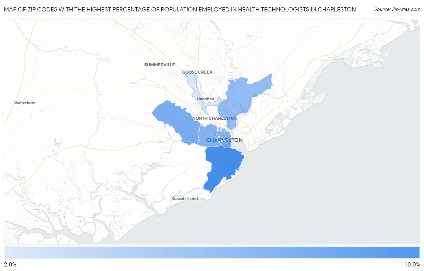 Zip Codes with the Highest Percentage of Population Employed in Health Technologists in Charleston Map