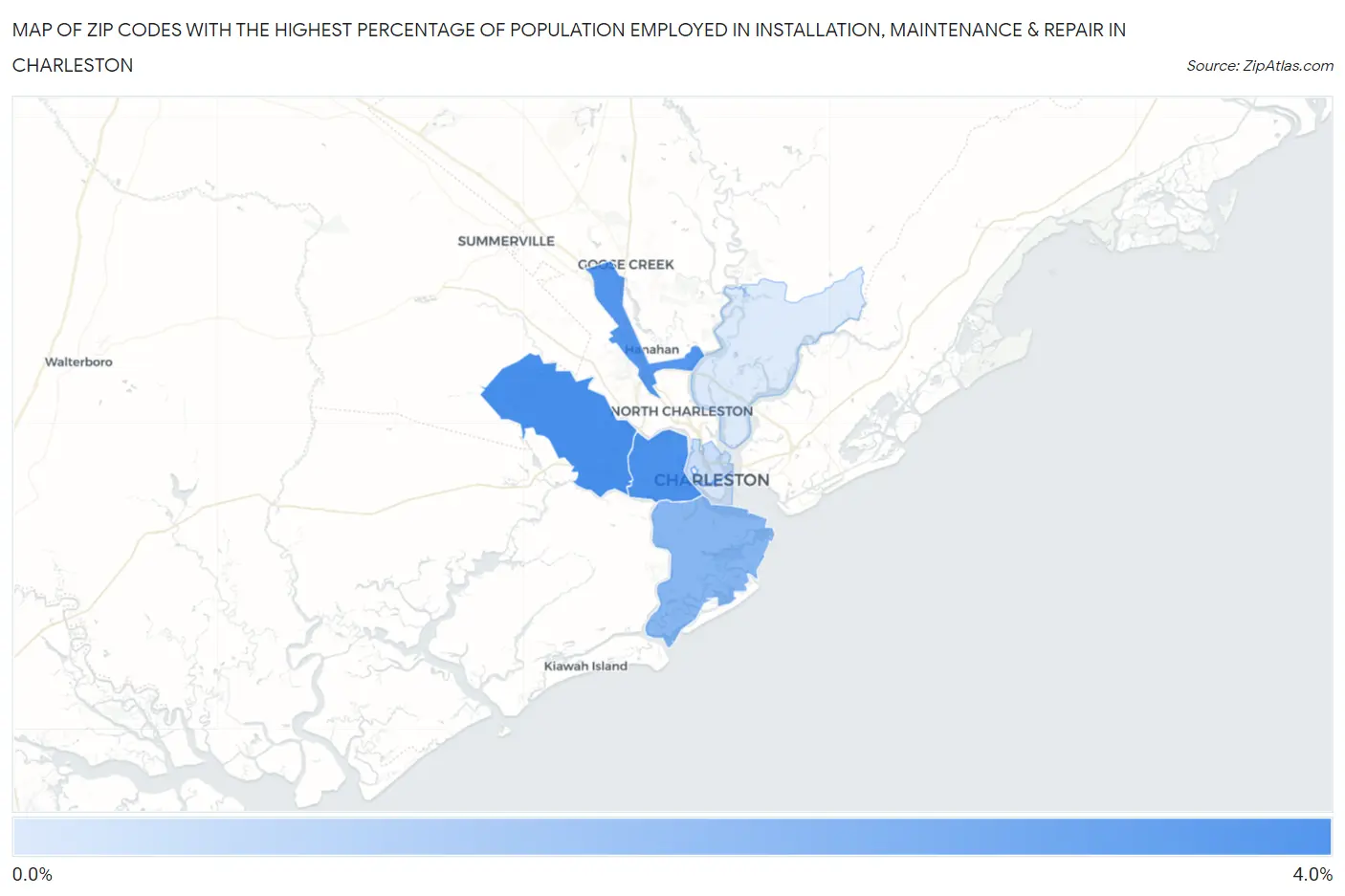 Zip Codes with the Highest Percentage of Population Employed in Installation, Maintenance & Repair in Charleston Map