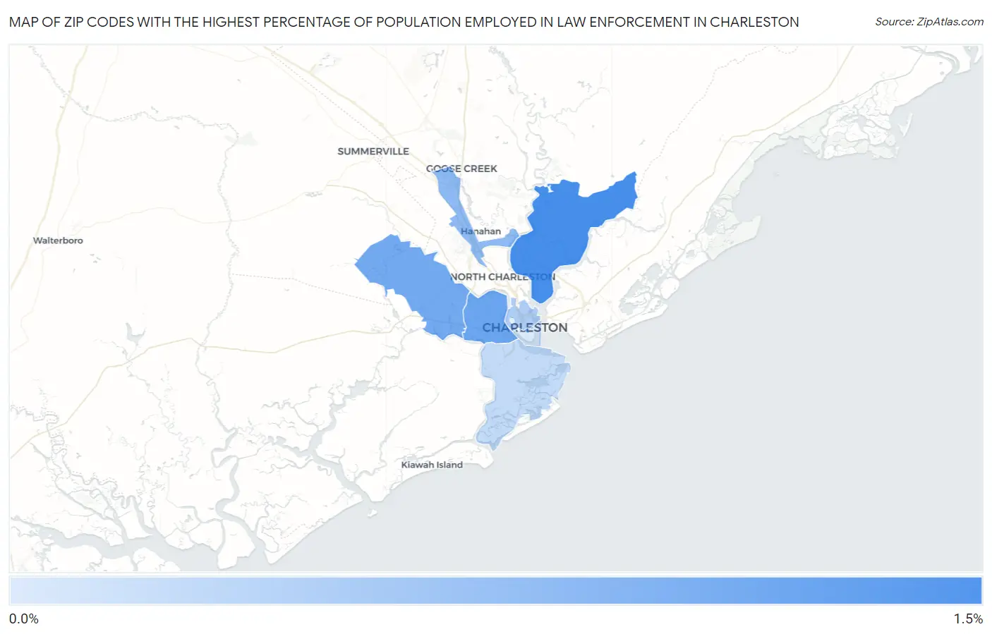 Zip Codes with the Highest Percentage of Population Employed in Law Enforcement in Charleston Map