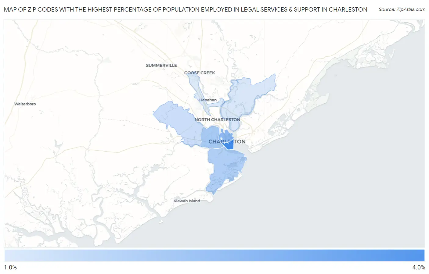 Zip Codes with the Highest Percentage of Population Employed in Legal Services & Support in Charleston Map