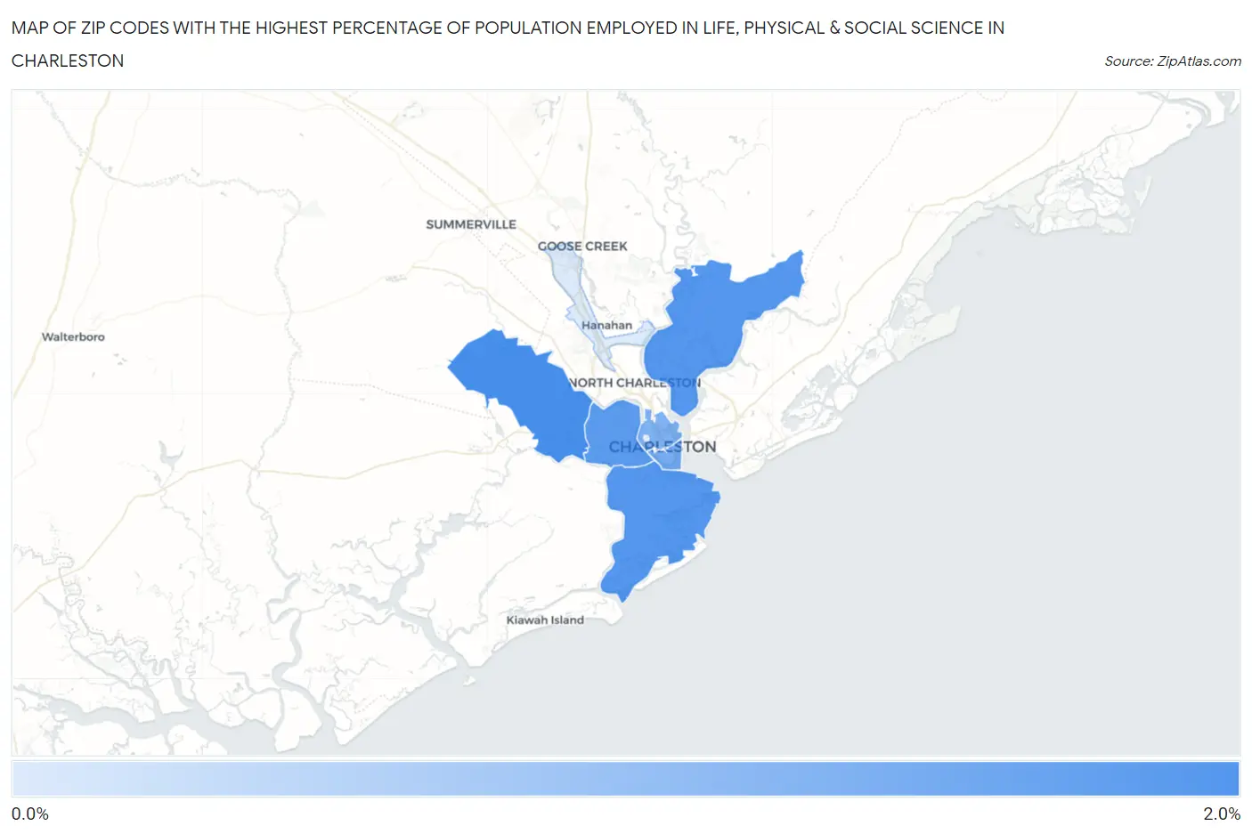 Zip Codes with the Highest Percentage of Population Employed in Life, Physical & Social Science in Charleston Map