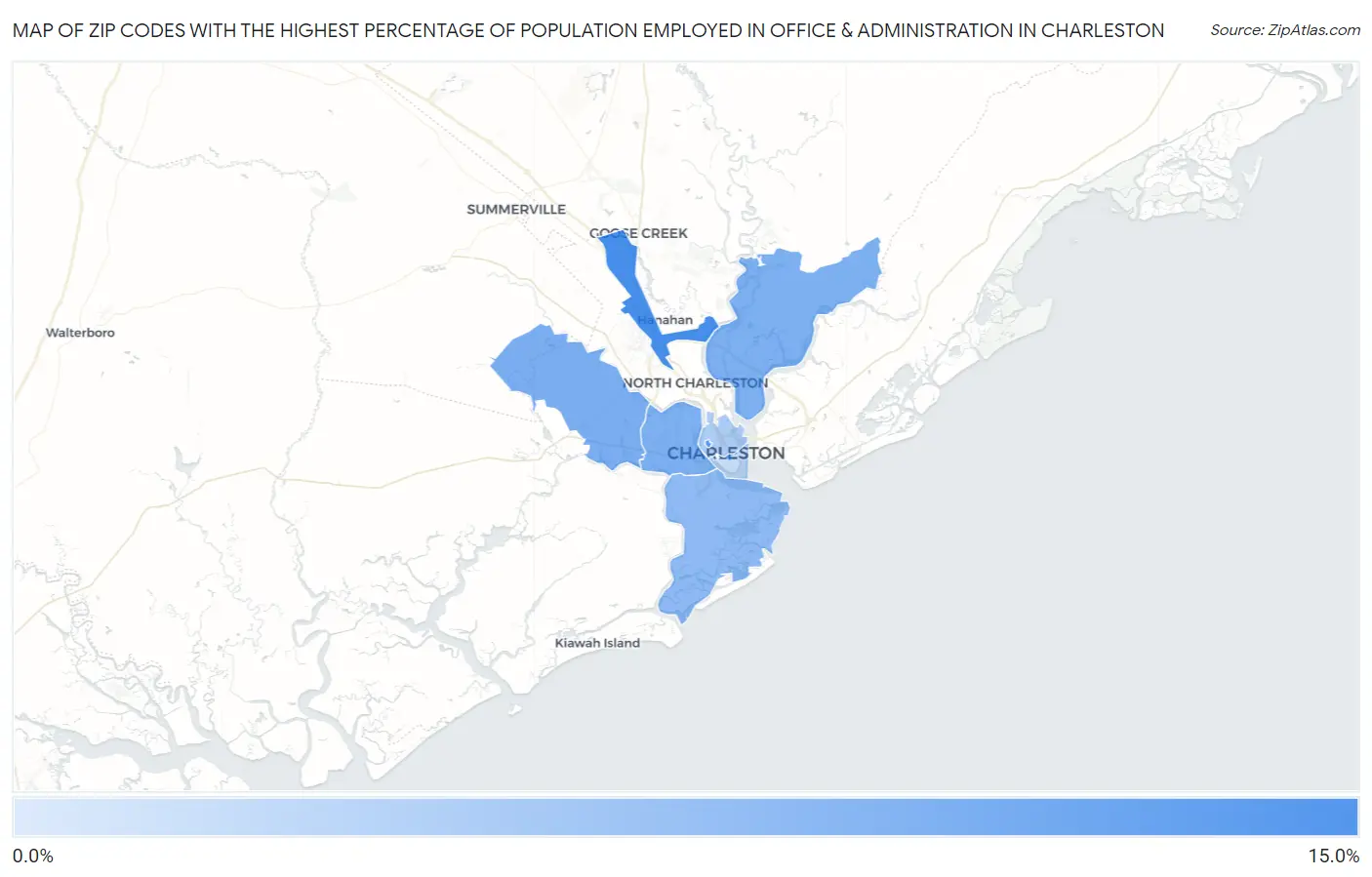 Zip Codes with the Highest Percentage of Population Employed in Office & Administration in Charleston Map