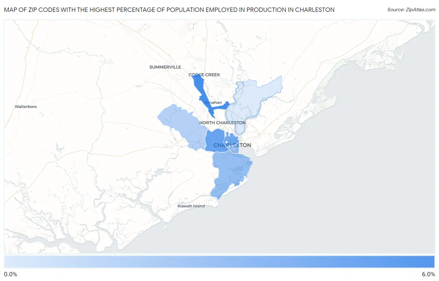 Zip Codes with the Highest Percentage of Population Employed in Production in Charleston Map