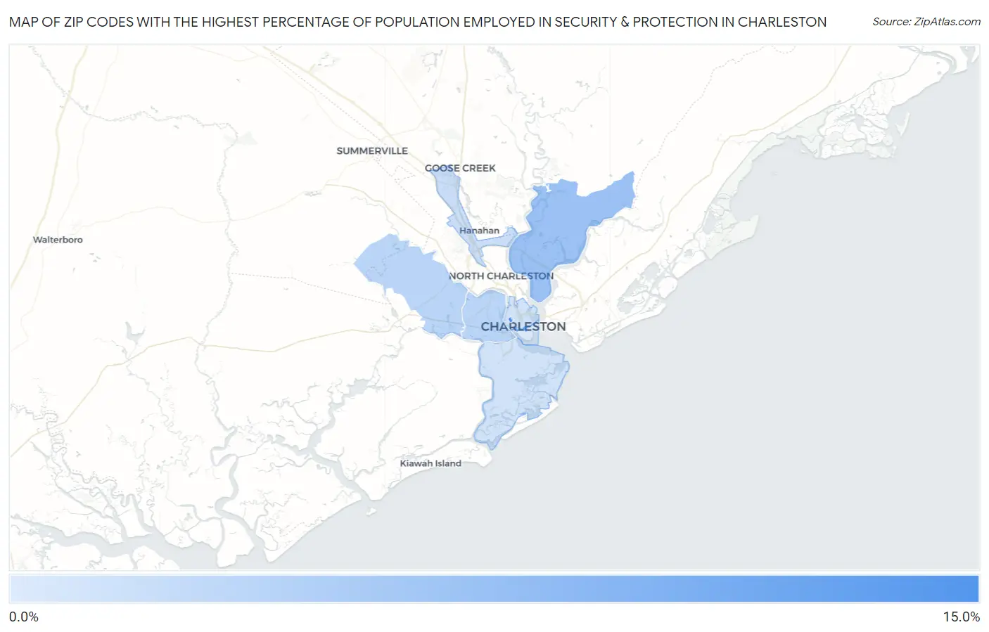 Zip Codes with the Highest Percentage of Population Employed in Security & Protection in Charleston Map