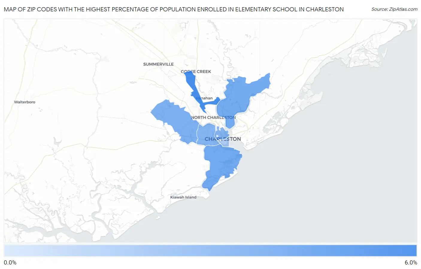 Zip Codes with the Highest Percentage of Population Enrolled in Elementary School in Charleston Map