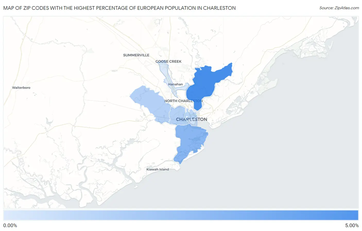 Zip Codes with the Highest Percentage of European Population in Charleston Map