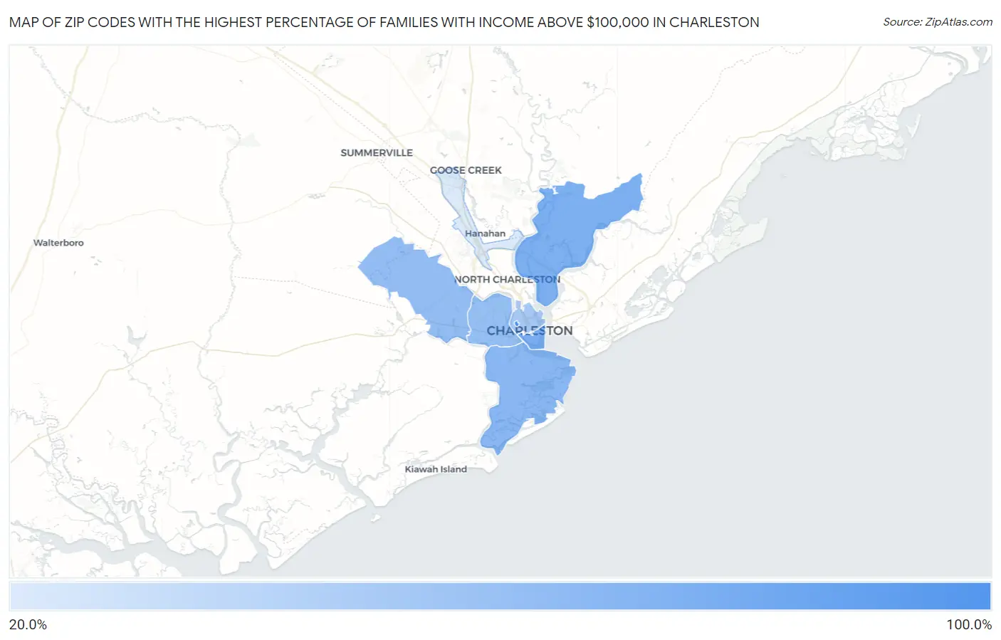 Zip Codes with the Highest Percentage of Families with Income Above $100,000 in Charleston Map