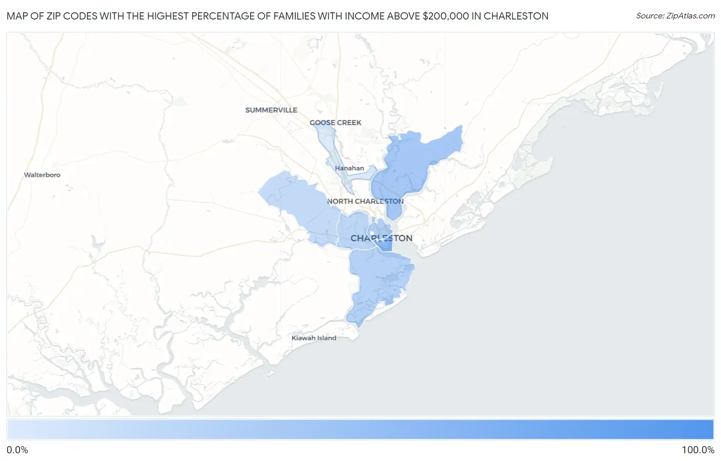 Zip Codes with the Highest Percentage of Families with Income Above $200,000 in Charleston Map