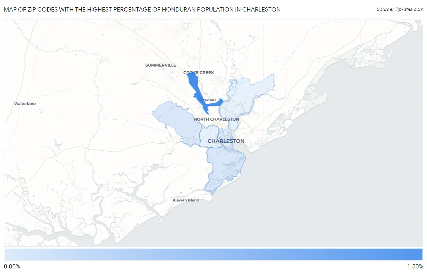 Zip Codes with the Highest Percentage of Honduran Population in Charleston Map