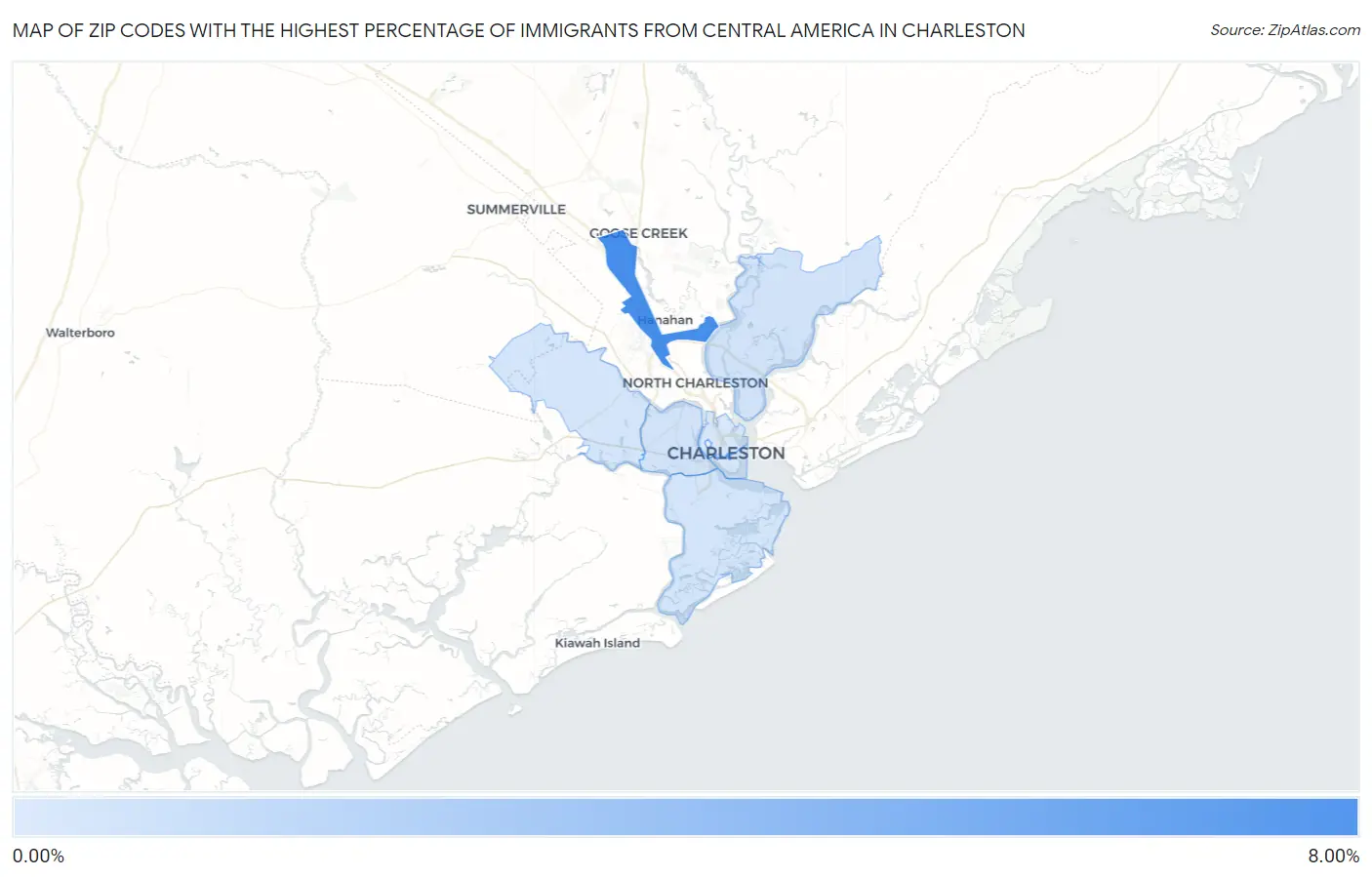 Zip Codes with the Highest Percentage of Immigrants from Central America in Charleston Map