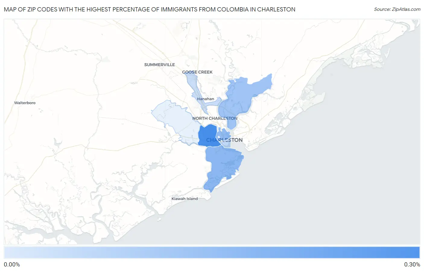 Zip Codes with the Highest Percentage of Immigrants from Colombia in Charleston Map
