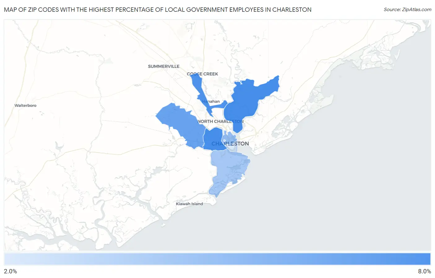 Zip Codes with the Highest Percentage of Local Government Employees in Charleston Map