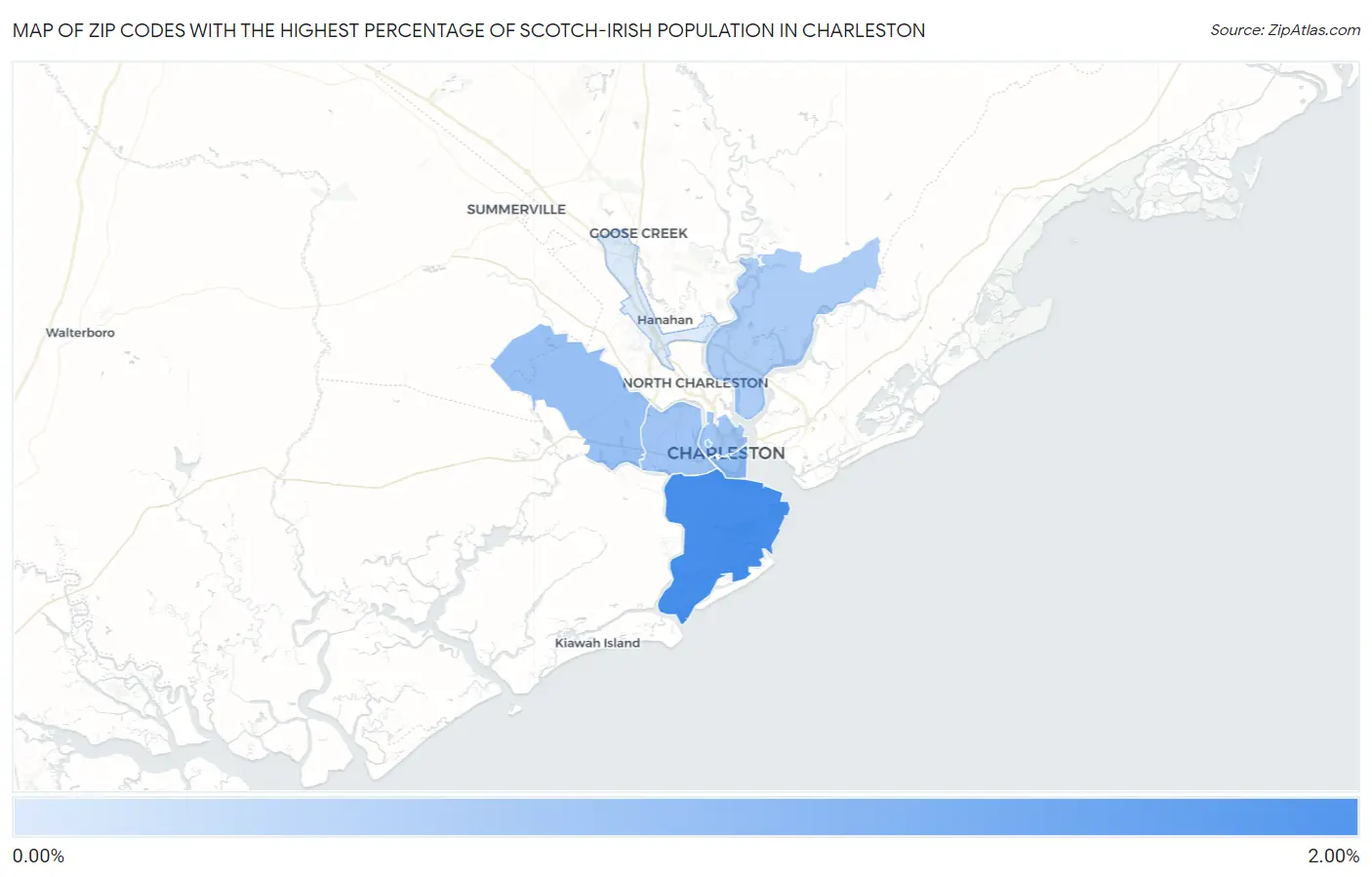 Zip Codes with the Highest Percentage of Scotch-Irish Population in Charleston Map
