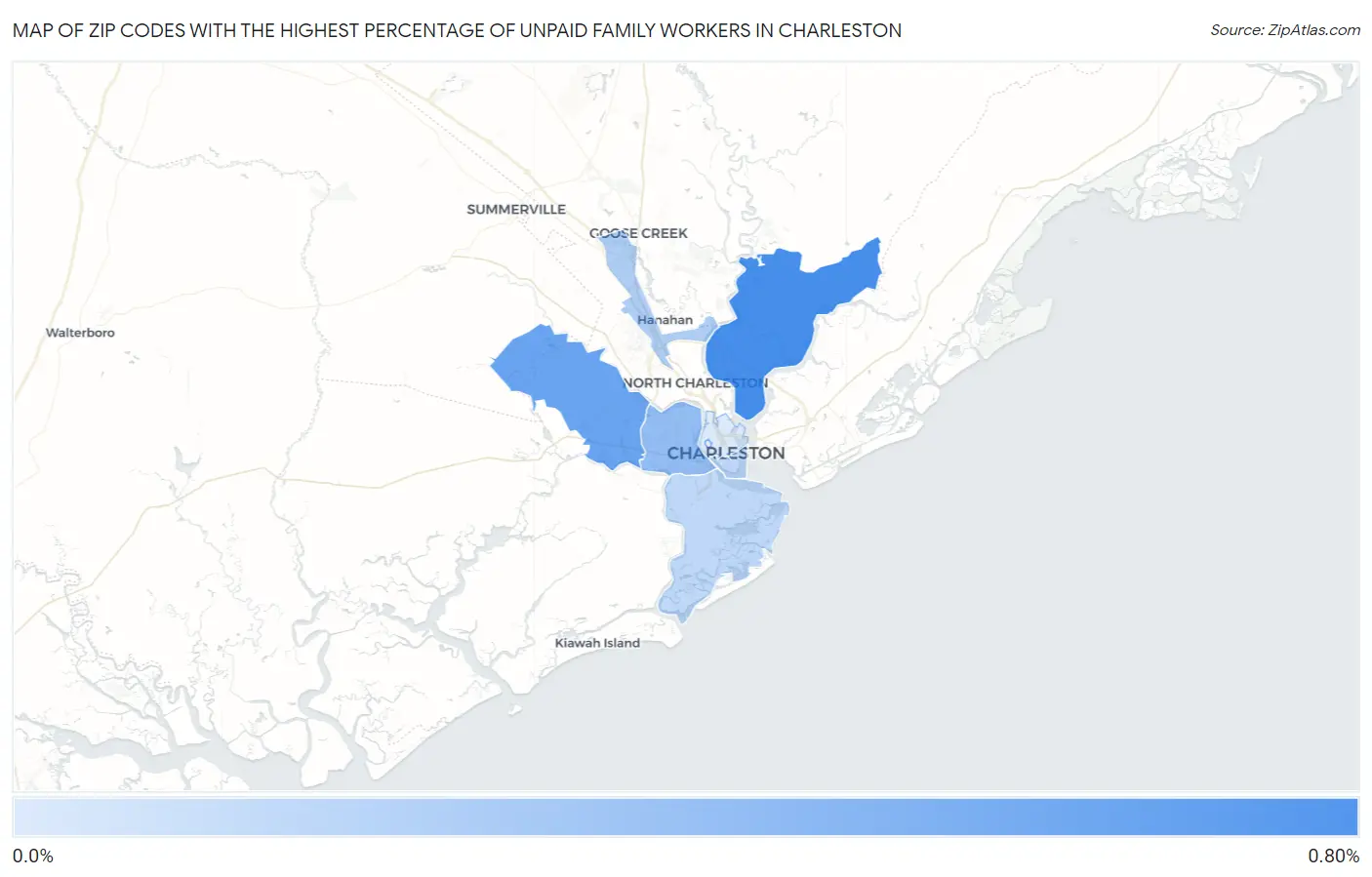 Zip Codes with the Highest Percentage of Unpaid Family Workers in Charleston Map