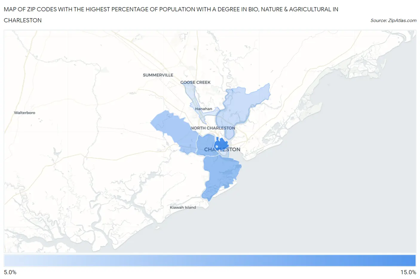 Zip Codes with the Highest Percentage of Population with a Degree in Bio, Nature & Agricultural in Charleston Map