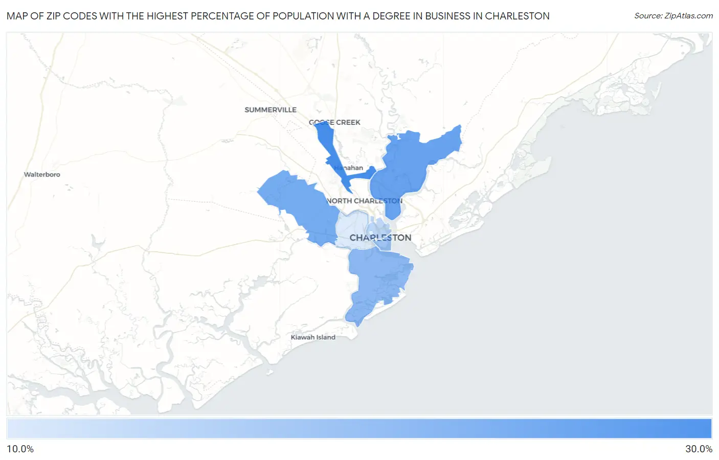Zip Codes with the Highest Percentage of Population with a Degree in Business in Charleston Map