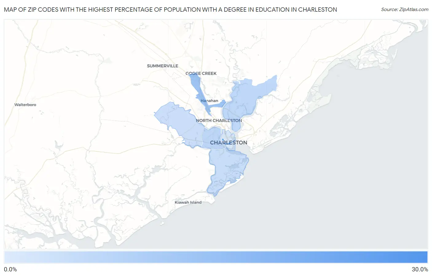 Zip Codes with the Highest Percentage of Population with a Degree in Education in Charleston Map