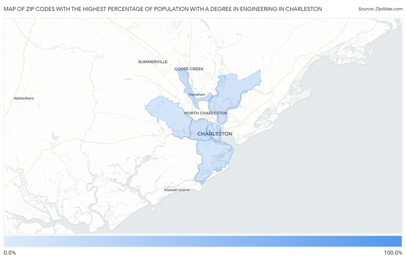 Zip Codes with the Highest Percentage of Population with a Degree in Engineering in Charleston Map