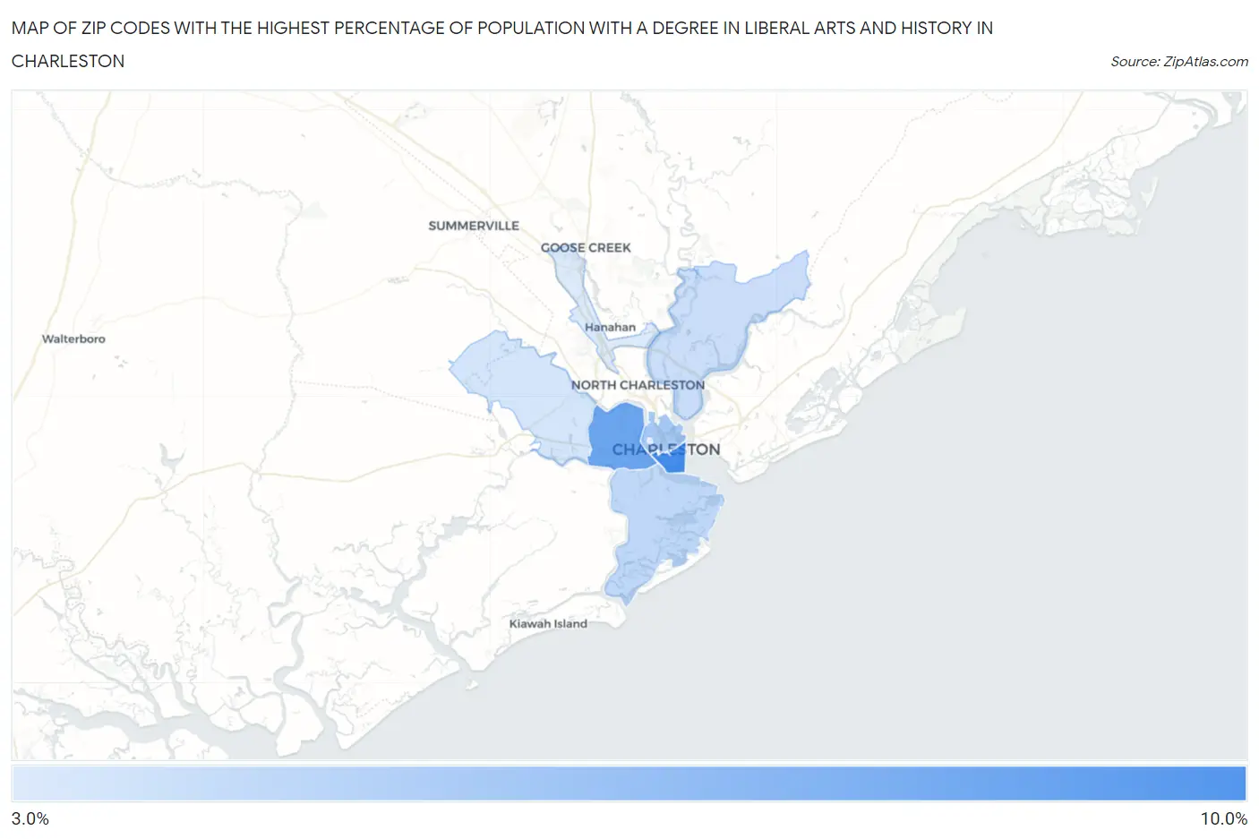 Zip Codes with the Highest Percentage of Population with a Degree in Liberal Arts and History in Charleston Map