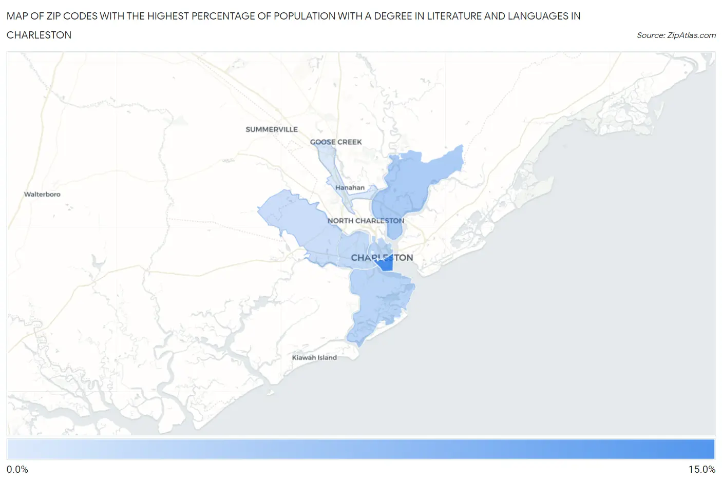 Zip Codes with the Highest Percentage of Population with a Degree in Literature and Languages in Charleston Map
