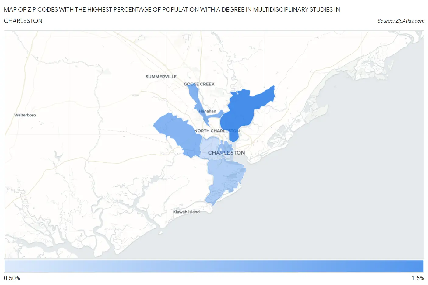 Zip Codes with the Highest Percentage of Population with a Degree in Multidisciplinary Studies in Charleston Map