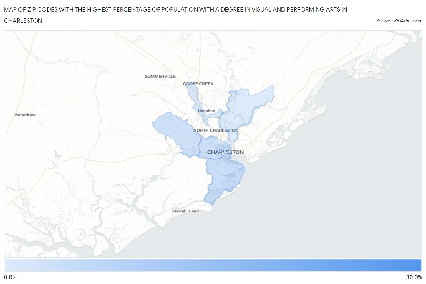 Zip Codes with the Highest Percentage of Population with a Degree in Visual and Performing Arts in Charleston Map