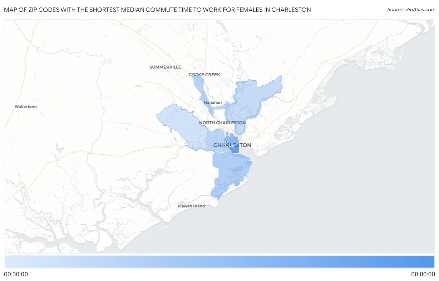 Zip Codes with the Shortest Median Commute Time to Work for Females in Charleston Map