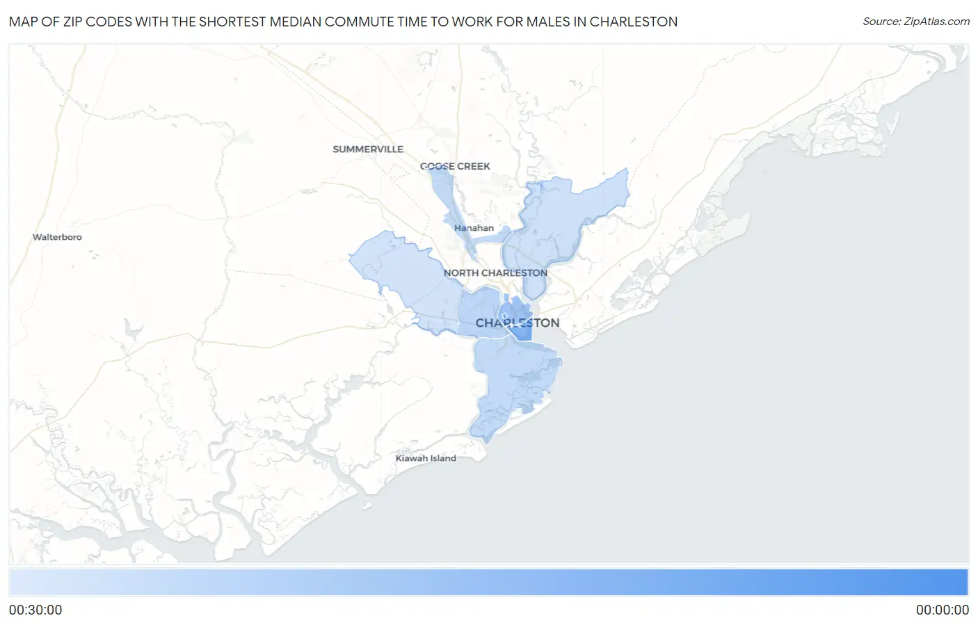 Zip Codes with the Shortest Median Commute Time to Work for Males in Charleston Map