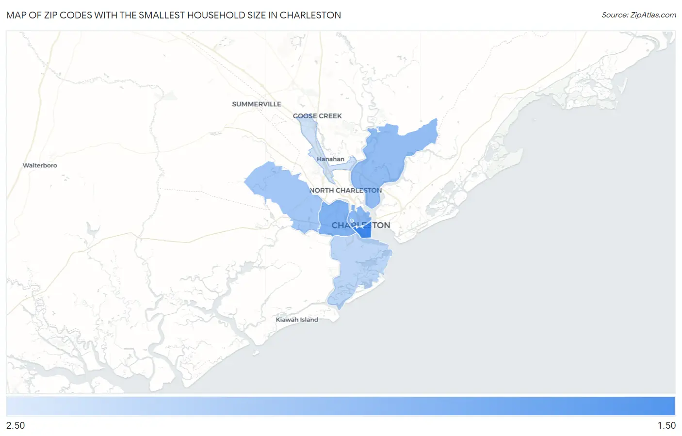 Zip Codes with the Smallest Household Size in Charleston Map