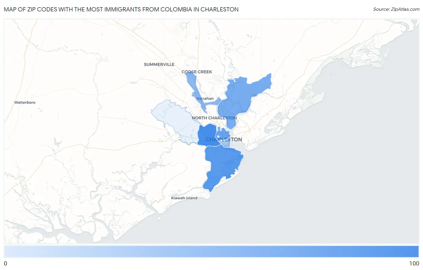 Zip Codes with the Most Immigrants from Colombia in Charleston Map